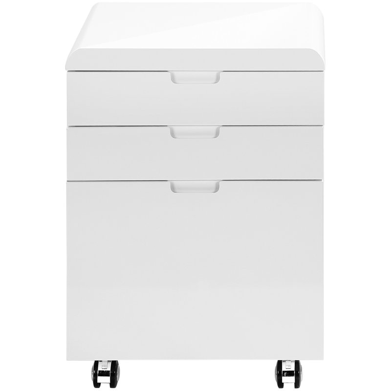 Glossy White Office File Cabinet On Rolling Wheels, 3 Storage, Modern Printer Stand With Smooth Performance Contemporary Exterior And Storage