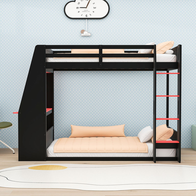 Lit superposé multifonctionnel en bois avec tablettes intégrées, bureau, station de charge et lumière DEL, Simple sur simple