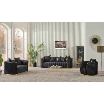 3-Piece Black Velvet Sofa, Loveseat, And Chair Set – Tufted Modern Glam Living Room Furniture With Gold Metal Base by Everly Quinn