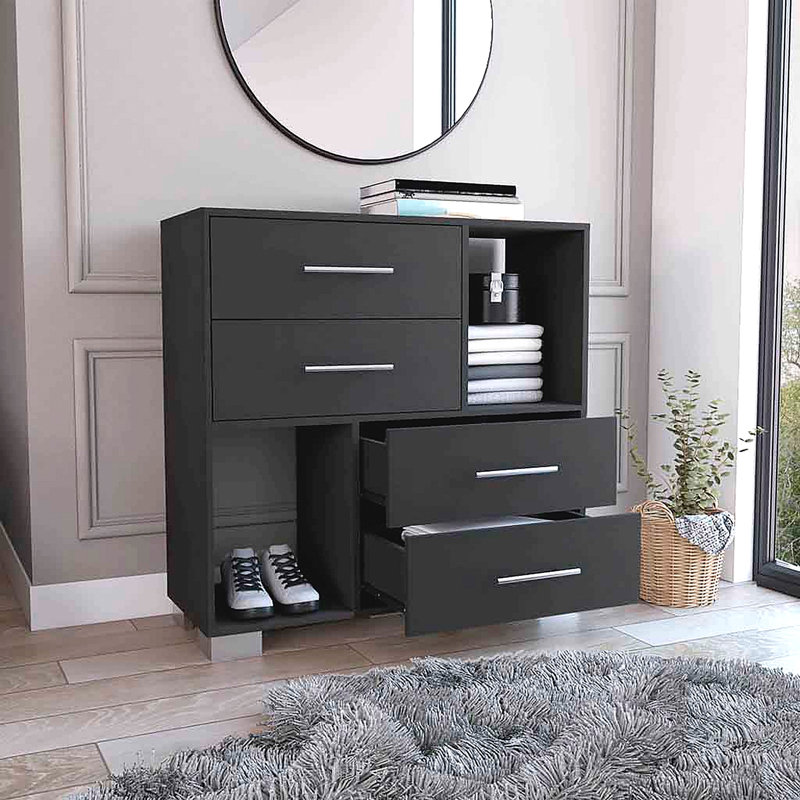 Commode, deux tablettes ouvertes, quatre tiroirs, Noir mat