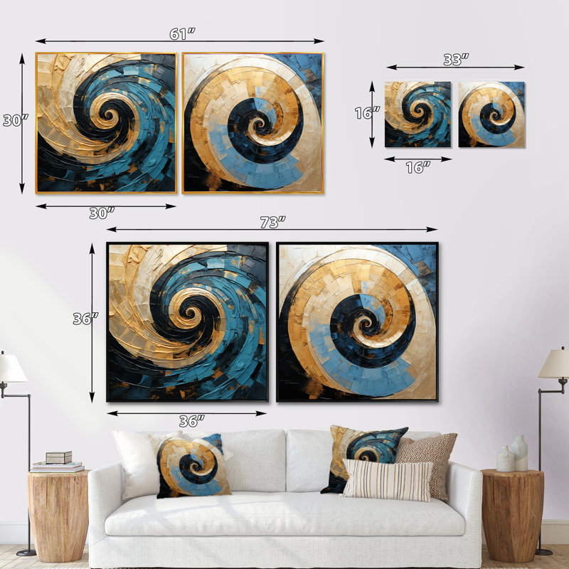 Minimalisme doré - spirales abstraites - ensemble de 2 collages carrés, Cadre flottant noir, H 16 po x l 33 po