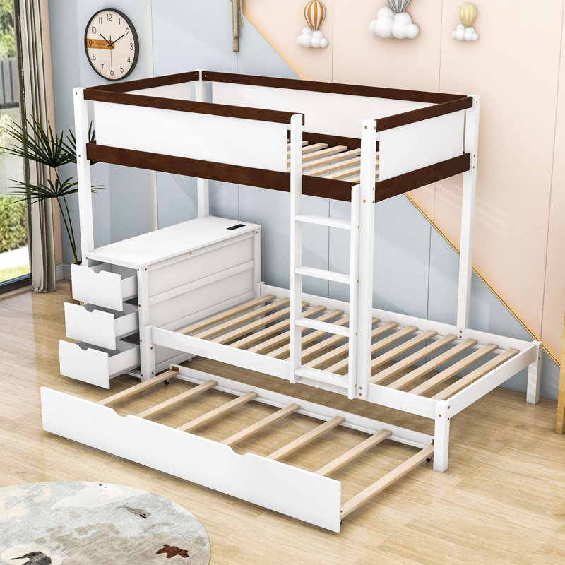 Lit superposé à trois tiroirs avec lit gigogne simple, bureau intégré et ports USB, Simple sur simple, Noyer blanc