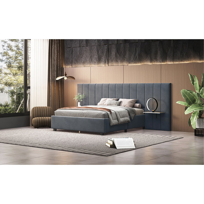 Lit plateforme tapissier avec grande tête de lit, mobilier de chambre à coucher, velours