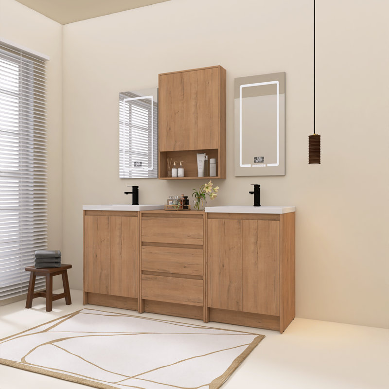 Ensemble de meuble-lavabo 72 po, meuble-lavabo autoportant avec double lavabo en résine et armoires de rangement, portes et tiroirs à fermeture en douceur