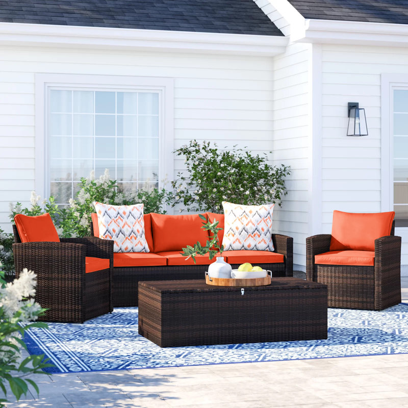 Ensemble de conversation d'extérieur en osier pour cinq personnes avec coussins et rangement Arlington, Orange