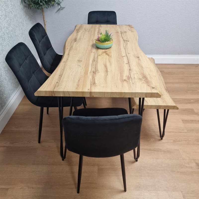 Wooden Dining Table With Bench and 4 Velvet Chairs - Stylish Dining Room Furniture, Black