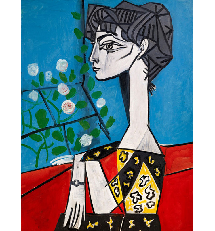 Jacqueline with flowers, 37" H x 28" W