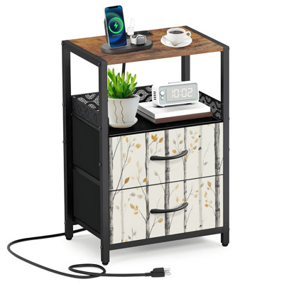 Table de chevet 2 tiroirs en tissu avec station de charge Minimaliste gris jaune branches d'arbre feuilles de la table de chevet de la table de chevet avec ports USB ouverts et prises