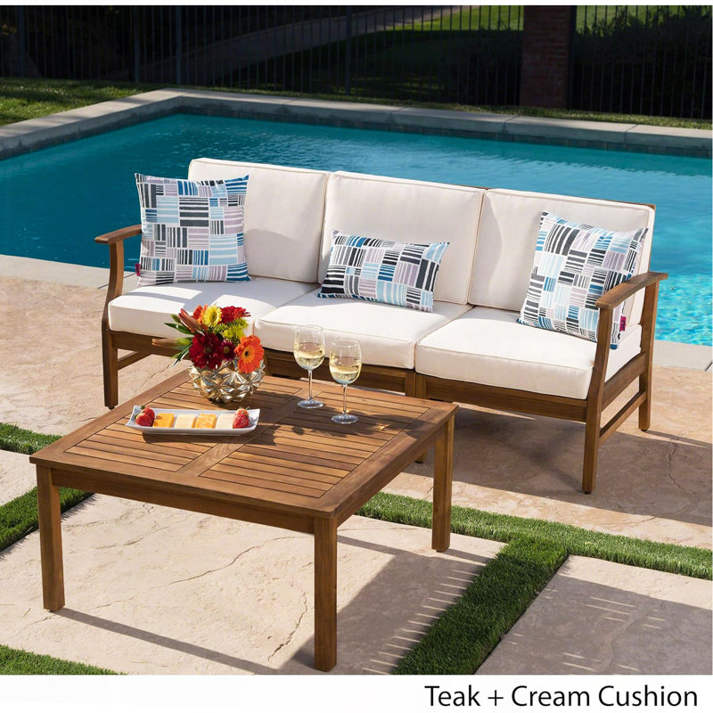 3 Seater Sofa And Table Set, Cream, Cream Cushion/Brown Frame