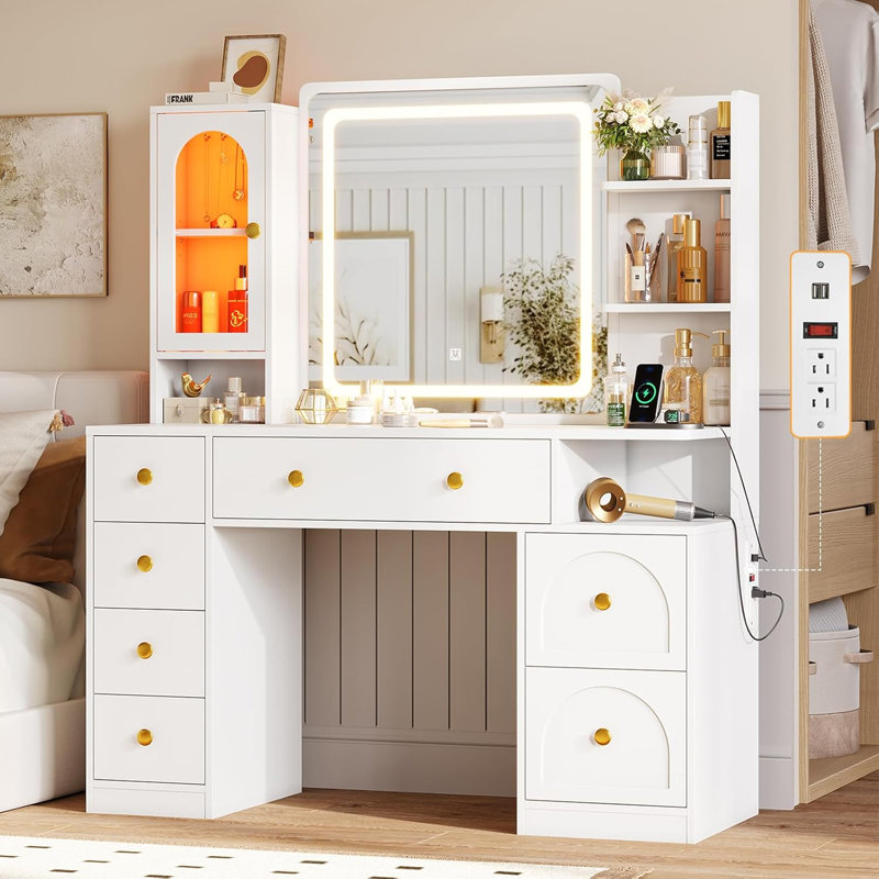 White Vanity Desk With Mirror And Led Lights, Large Makeup Vanity Desk With 7 Drawers, Storage Shelves And Rgb Glass Cabinet, Dressing Table For Bedroom With Charging Station, Lights Adjustable