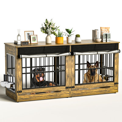 78" Double Dog Crate Furniture With Divider, Thick Wooden Indoor Dog Kennel Furniture With Swivel Bowls For 2 Dogs, Decorative Pet Cage End Table With Wheels For Extra Large Breed, Rustic Brown