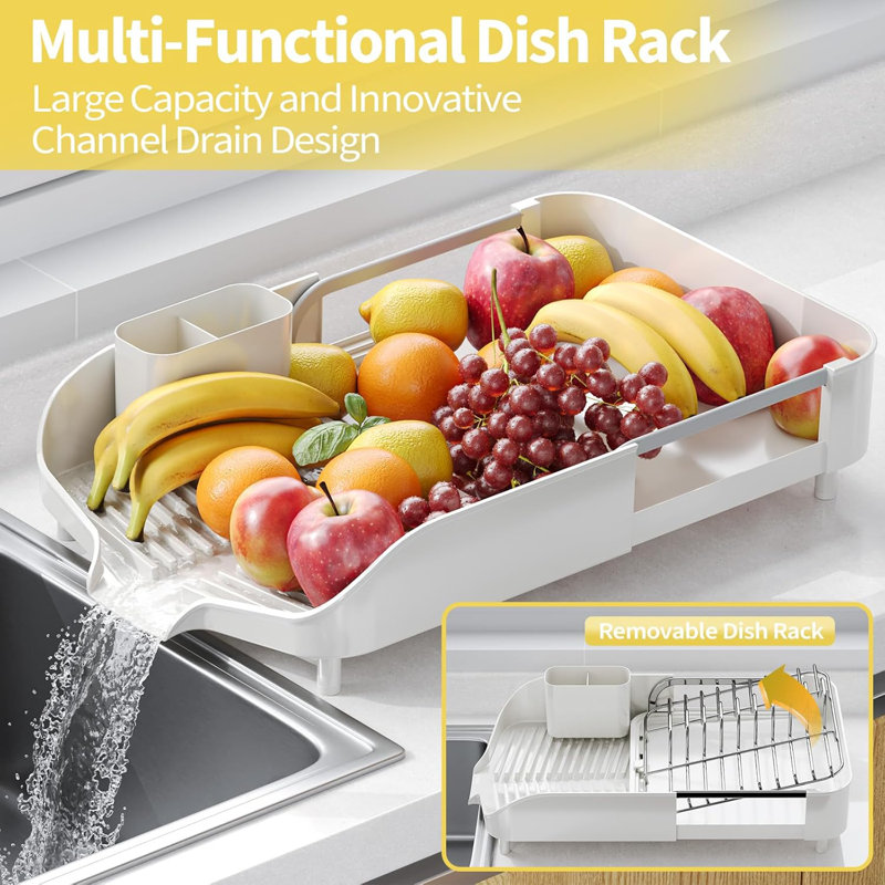 White Stainless Steel Foldable Dish Drying Rack with Utensil Cup