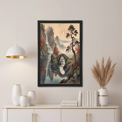 Art japonais sur toile, cascade japonaise et pont de pierre sous la lune rose