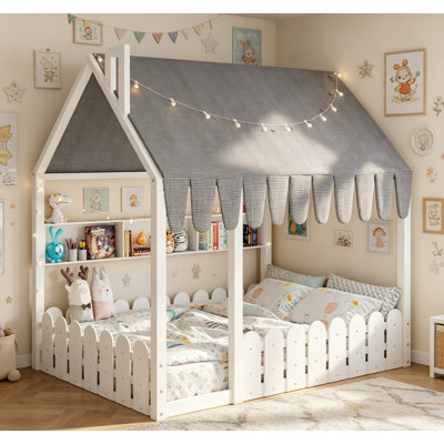Lit double Montessori pour enfants avec tente, lumières et 3 tablettes de rangement, idéal pour jouer et dormir