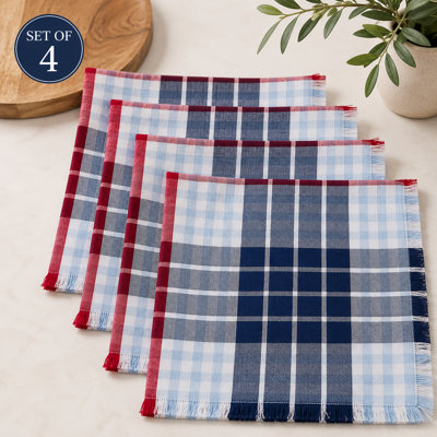 Ensemble de 4 serviettes de table patriotiques en tissu écossais avec frange 20 po x 20 po - coton doux blanc rouge et bleu campagnard