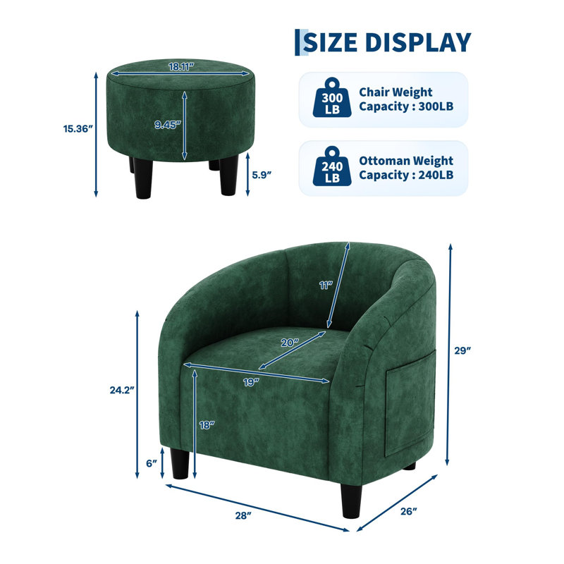 Ensemble fauteuil et repose-pieds ronds en velours vert vintage - Fauteuil lounge rond avec repose-pieds pour coin lecture, salon/chambre