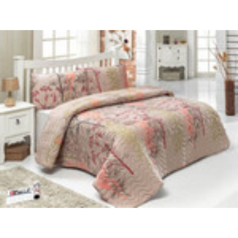 Kassia Beige/Red Cotton Blend Bedspread Set, 94" x 87" Bedspread + 2 24" x 24" Pillowcases