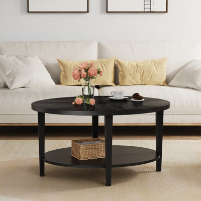 Solid Wood Oval Coffee Table with 2-Tier Shelves