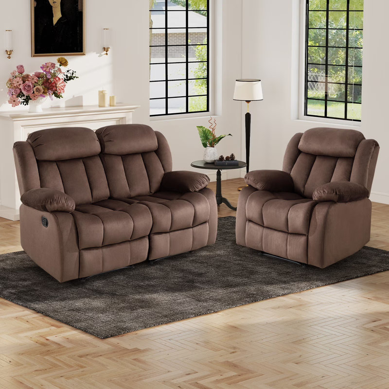 Ensemble 2 pièces de salon inclinable manuel en microfibre moderne, Brun, 2 pièces: causeuse, fauteuil