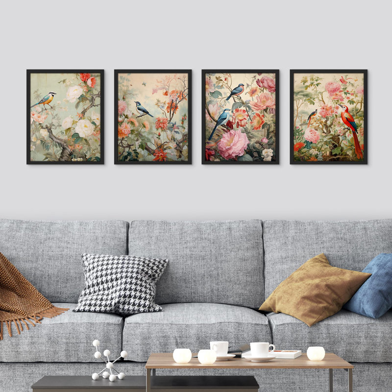 Birds On Flower Blossom Branches Vibrant Colorful Pictures Framed Wall Art 4 Pieces Paper Print, 16" H x 12" W, Black
