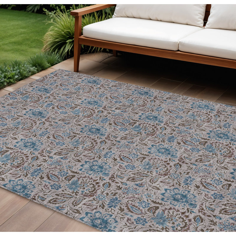 Tapis floral bleu 9 pi x 12 pi lavable intérieur / extérieur