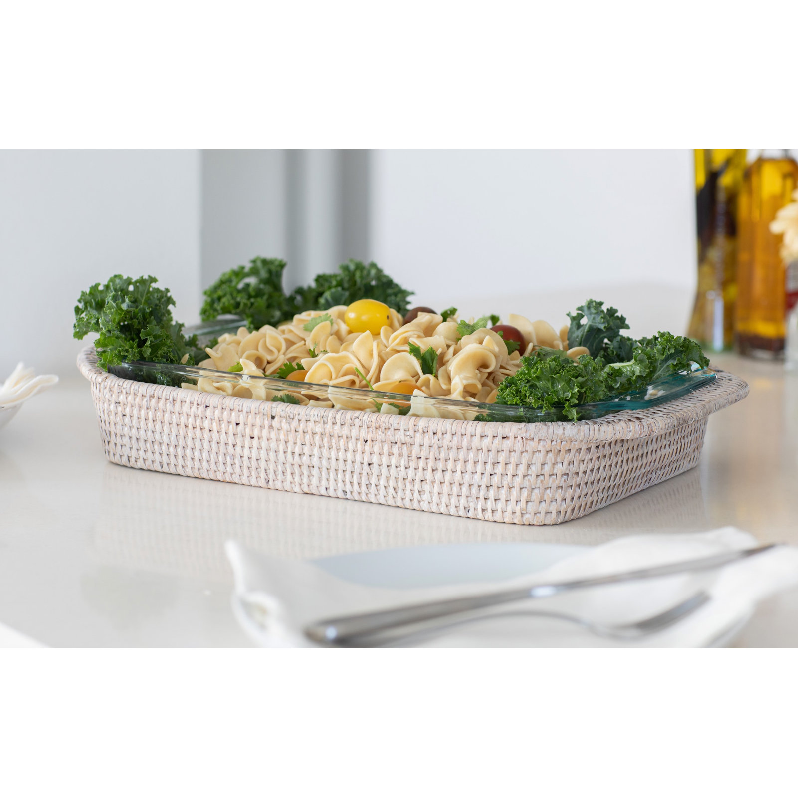 Camden Rattan Baking Dishes, 2" H x 13" W x 9" D, White Wash