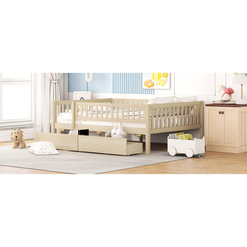 Lit de jour double en bois avec deux tiroirs - Structure en matériau, fonction d'économie d'espace, multifonctionnel pour la chambre à coucher, pièce d'assemblage simple naturelle et espace de construction Utilisation de rangement supplémentaire facile à assembler