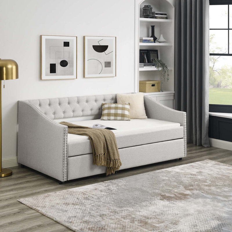 Lit de jour avec lit gigogne simple, Beige, Lit simple