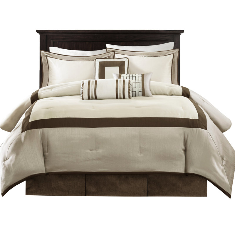 Édredon 7 pièces pour grand lit, couleurs taupe / brun, rembourrage, coussins décoratifs inclus, pièce, ruban, taies décoratives