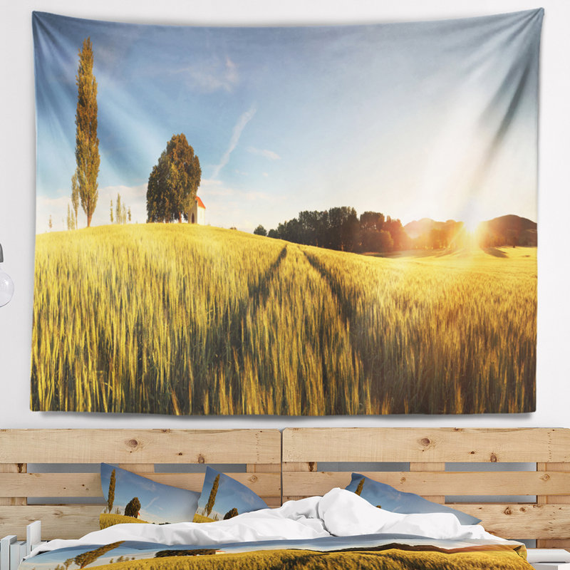 Photographie coucher de soleil sur le champ de blé en slovaquie tapisserie, H 68 po x l 80 po