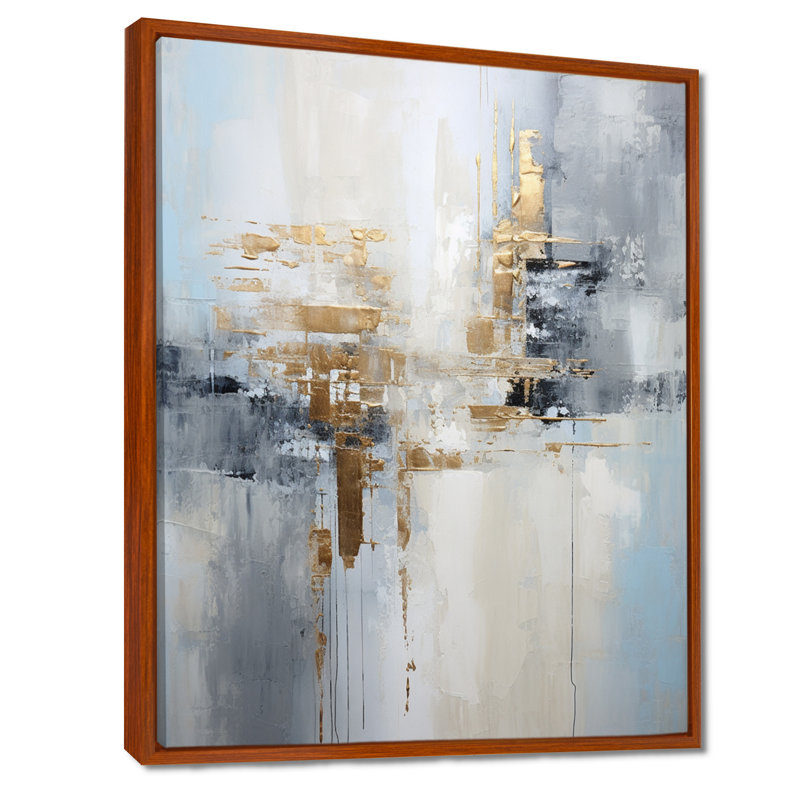 «Gold Memories On Faded Blue», art mural abstrait, Toile avec cadre flottant brun, H 32 po x l 24 po x P 1 po