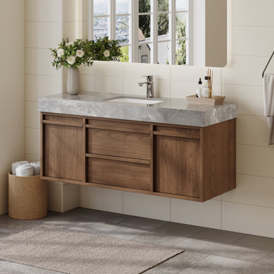 Meuble-lavabo mural simple 48 po avec comptoir en pierre frittée grise, lavabo encastré en céramique blanche, armoire en bois massif multicouche en bois naturel, portes et tiroirs à fermeture en douceur