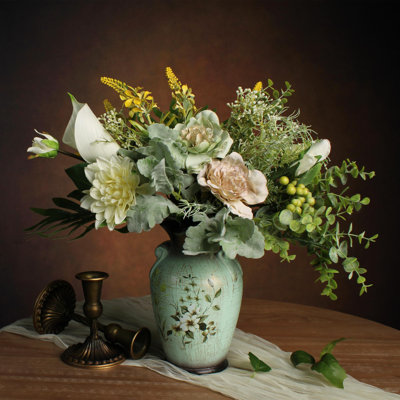 Faux Flowers in Ceramic Vase, Artificial Flower Arrangement Decoration for Table Centerpieces