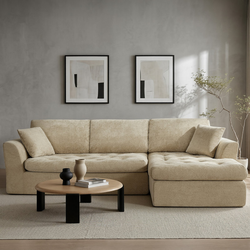 Canapé modulaire de 109 po avec support en nuage doux et tissu chenille, Kaki, Orienté à droite