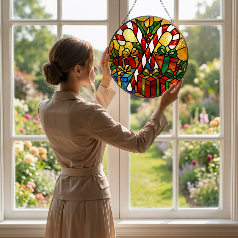 12"H Christmas Candy Stained Glass Window Panel
