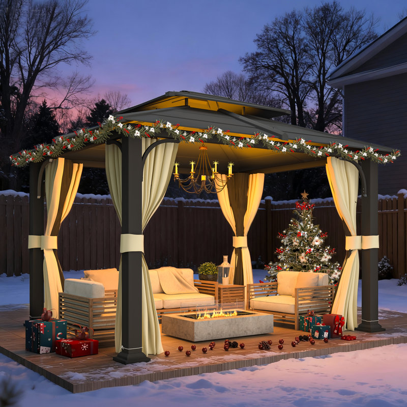 12 ft. W x 10 ft. D Hardtop Gazebo with Double-Layer Roof, Rust-Resistant Iron Frame, Mosquito Netting & Privacy Curtains – Dark Gray