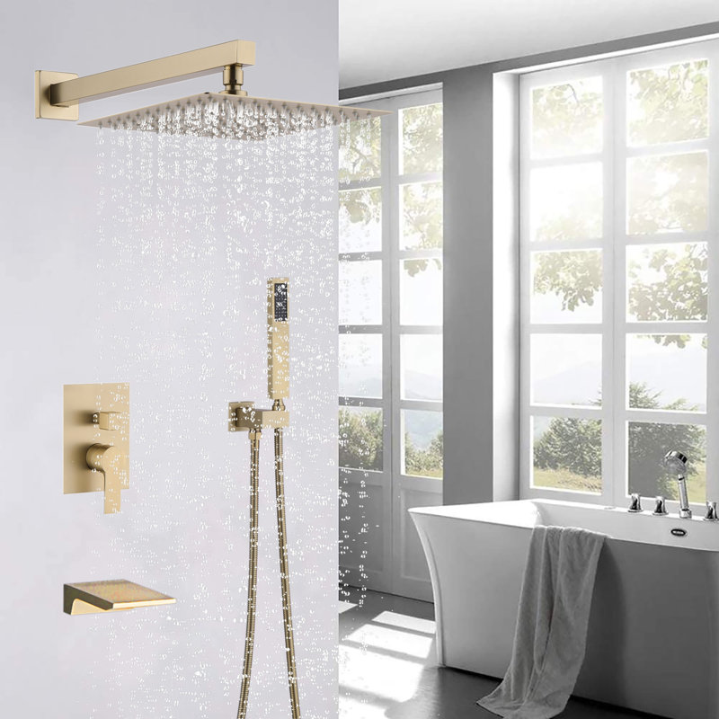 12" Rainfall Tub And Shower System With Handheld Shower And Tub Spout, 3-Function Wall Mounted Shower Faucet Set With Pressure Balance Valve