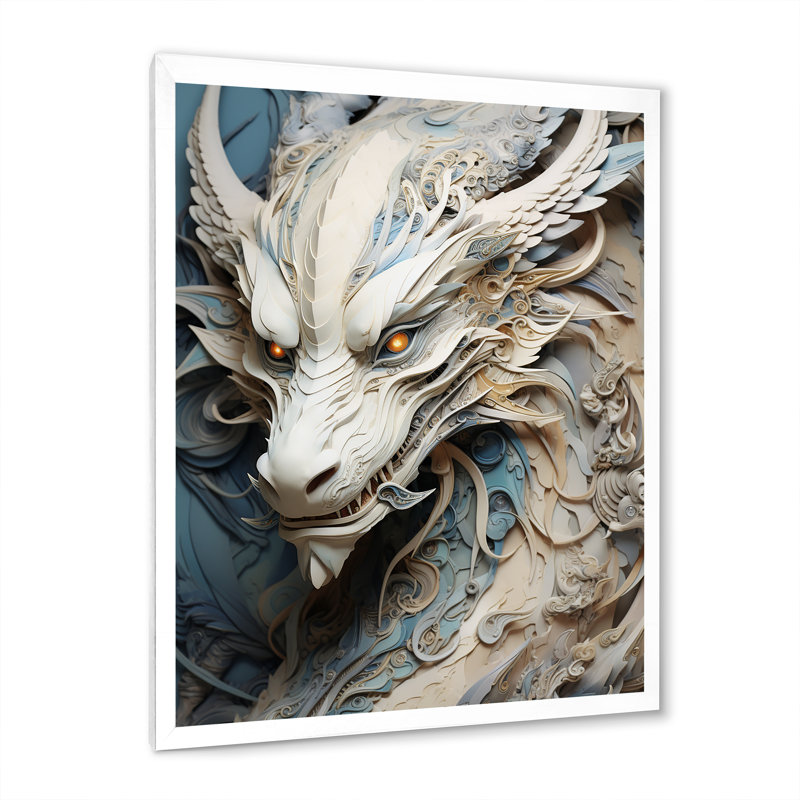 «Epic Blue and Grey Dragon Odyssey I», reproduction encadrée, H 32 po x l 16 po x P 1 po, Cadre simple blanc