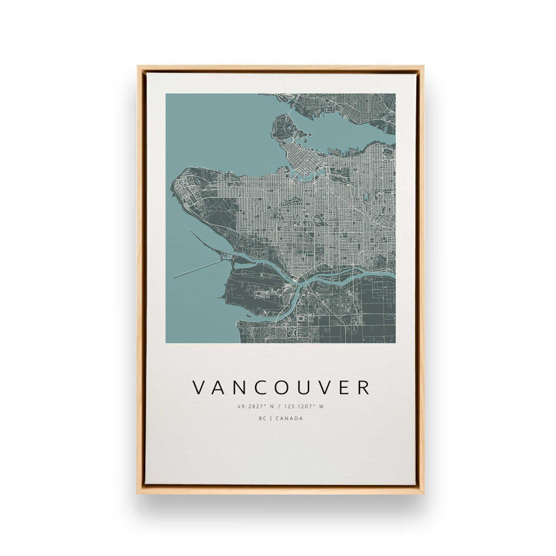 Vancouver Street Map, reproduction d'art sur toile, 20 po x 30 po, Cadre flottant en érable américain