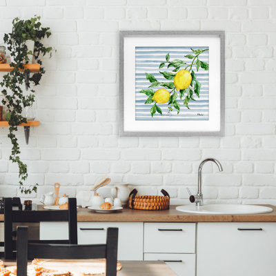 Juicy Lemon Vine on Blue Framed Print Under Glass, design by Paul Brent