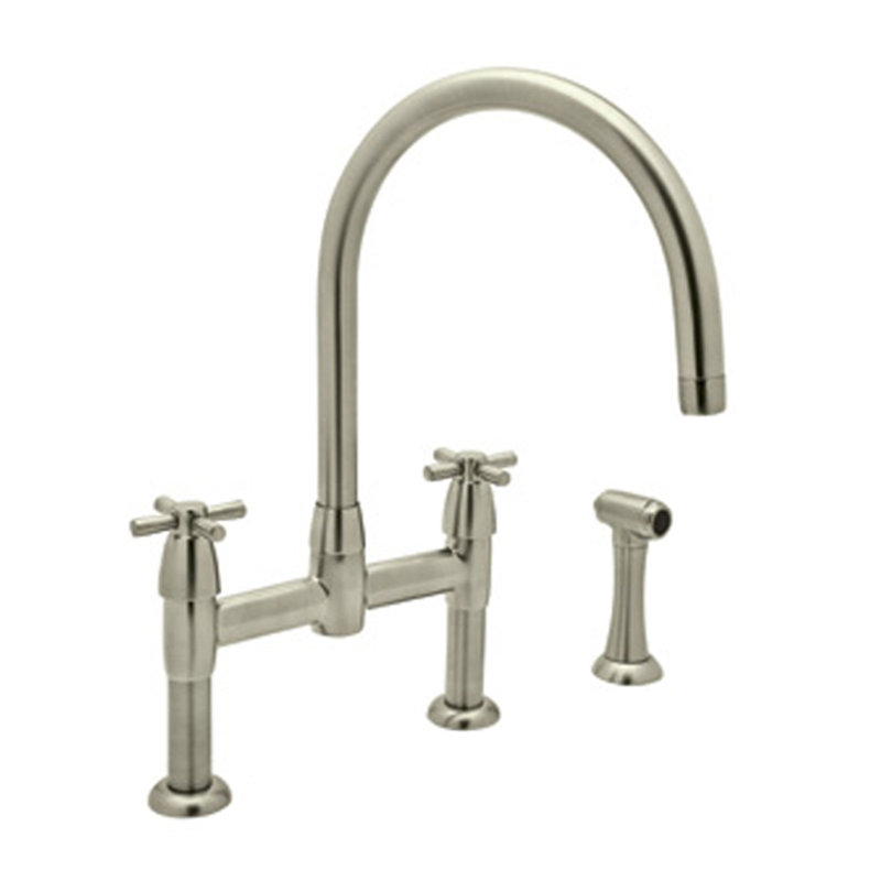Holborn Bridge Kitchen Faucet With C-Spout and Side Spray, Satin Nickel, Cross