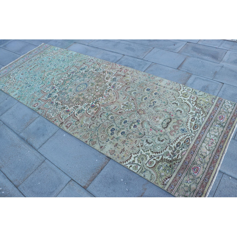 Tapis de couloir vintage turc Kayseri en oushak vert doux lavable avec esthétique bohème pour les couloirs