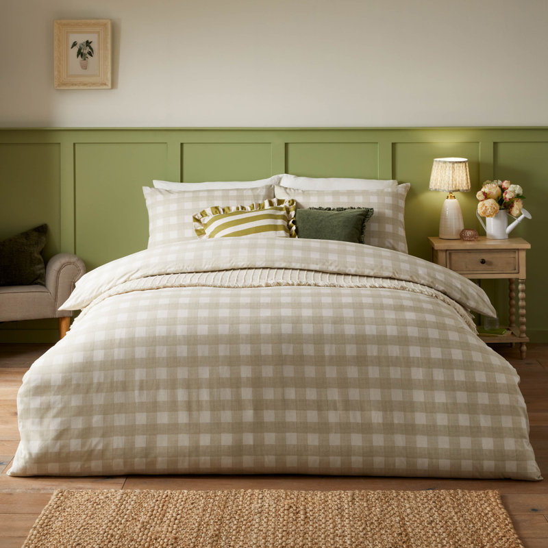 Hartsford Check Classic Polyester Chequered Duvet Cover Set with Pillowcases, Beige, Kingsize Duvet Cover Set + 2 Pillowcases