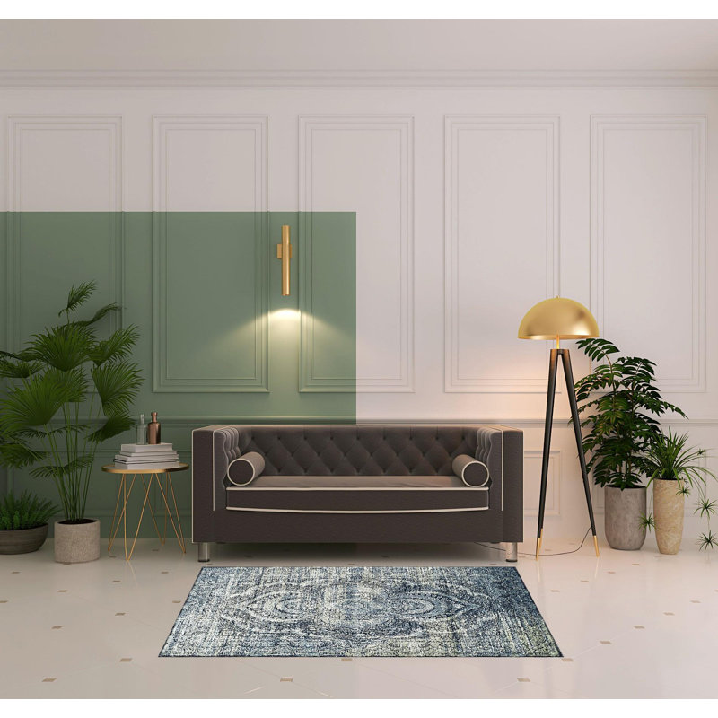 Tapis oriental tissé à la machine Fleurine en gris / bleu / ivoire, Rectangle 4 pi x 6 pi