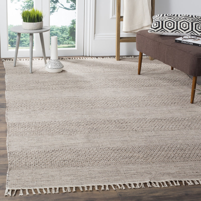 Tapis ivoire / gris acier en coton tissé à plat à la main Bester, Rectangle 9 pi x 12 pi