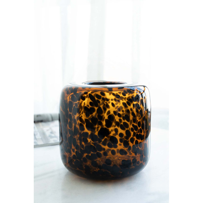 Vase en verre 7,9X7,9 "brun et ambre avec motif guépard
