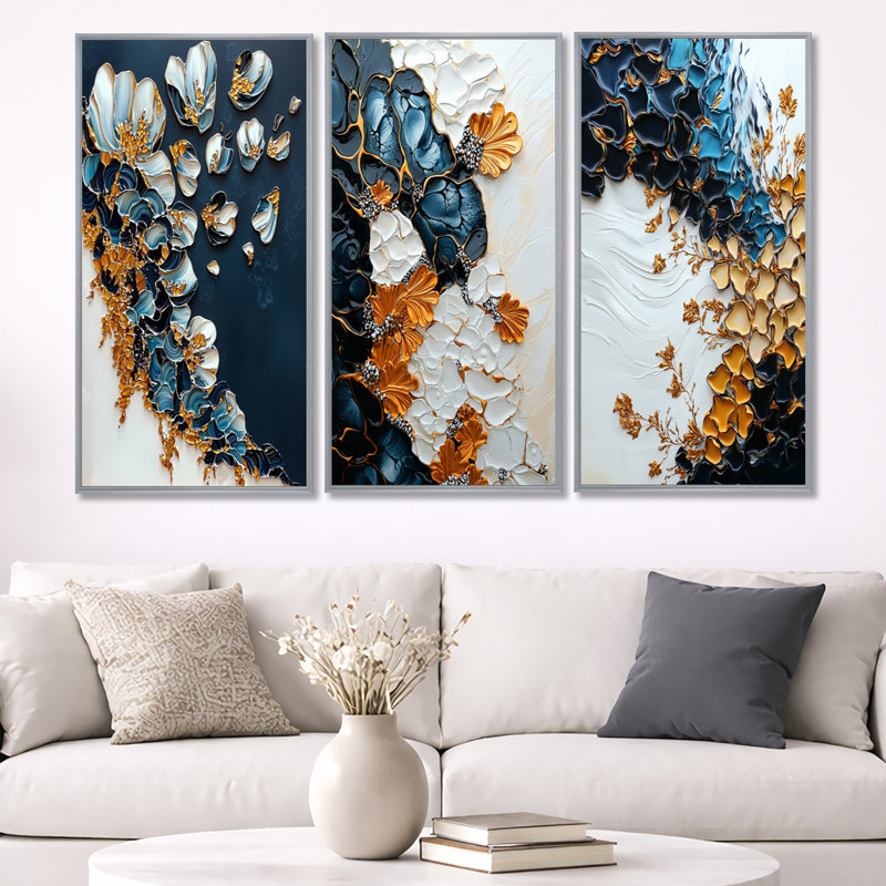 Bloom - Fleurs murales en marbre Reality, Encadrement argenté, 32" H x 48" W
