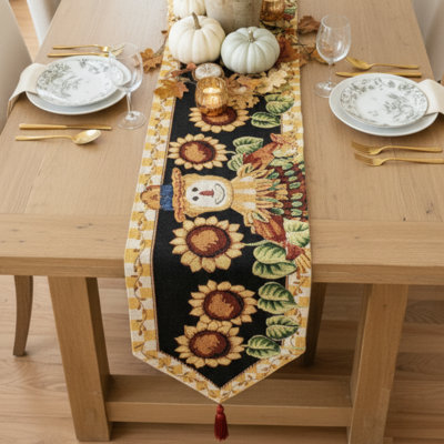 Ortega Fall Sunflower Field Scarecrow Woven Tapestry Table Runner