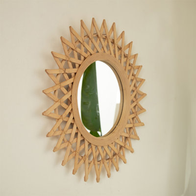 24'' Solana Mirror, Wall-Mounted Bamboo Artistry Circle Mirror With Hemp, Irregular Shape, Suitable For Bathroom, Bedroom, Living Room, Entryway, Etc.