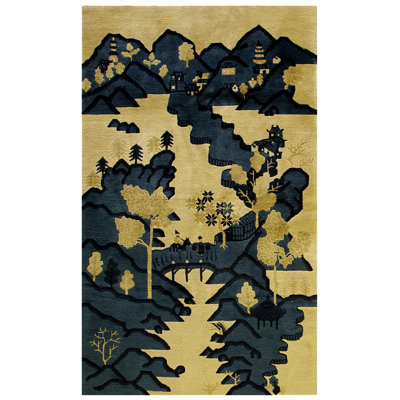 Tapis antique en laine beige et bleu petit format Baotou Antique